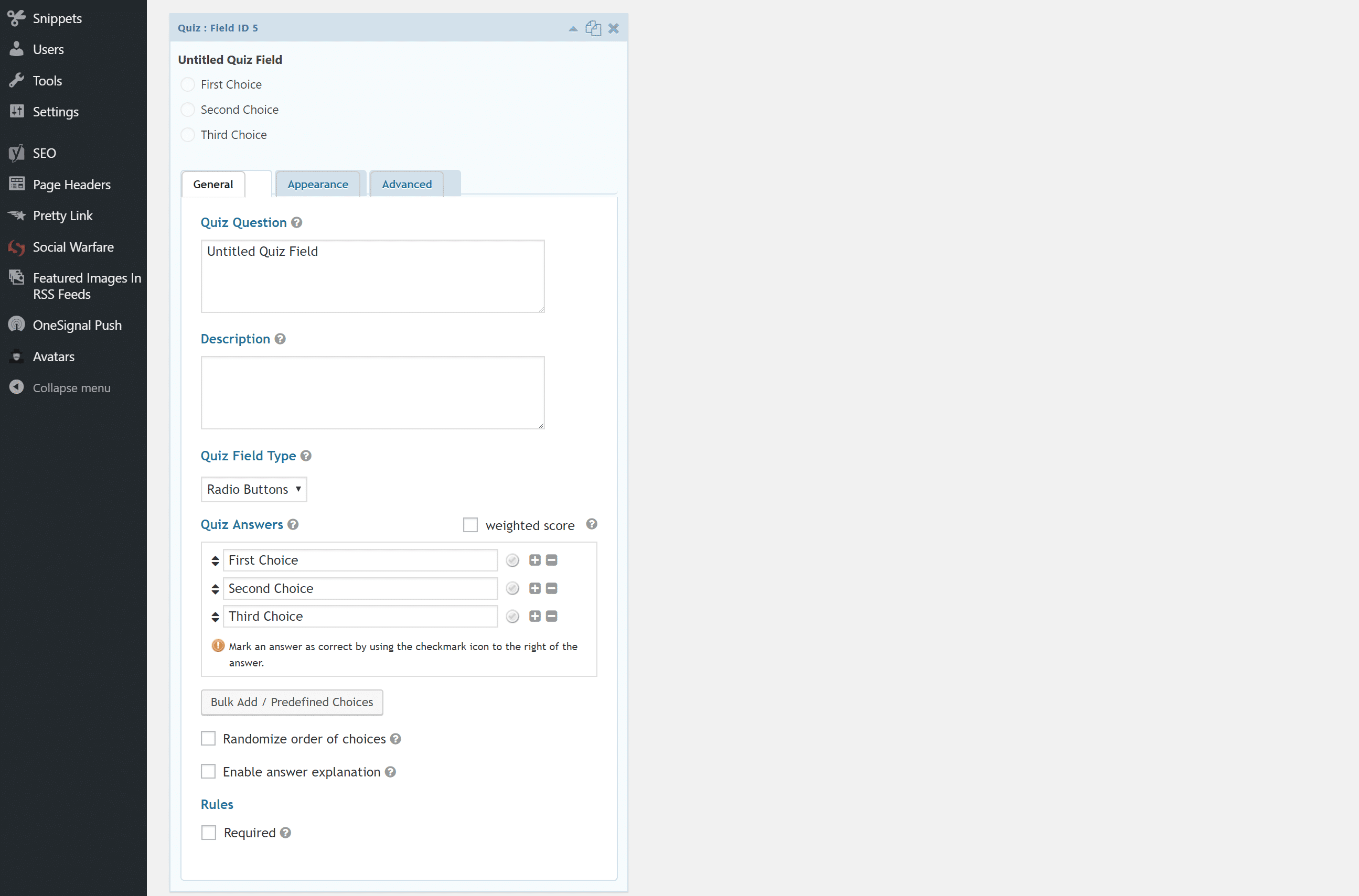 Opções de Quiz no Gravity Forms