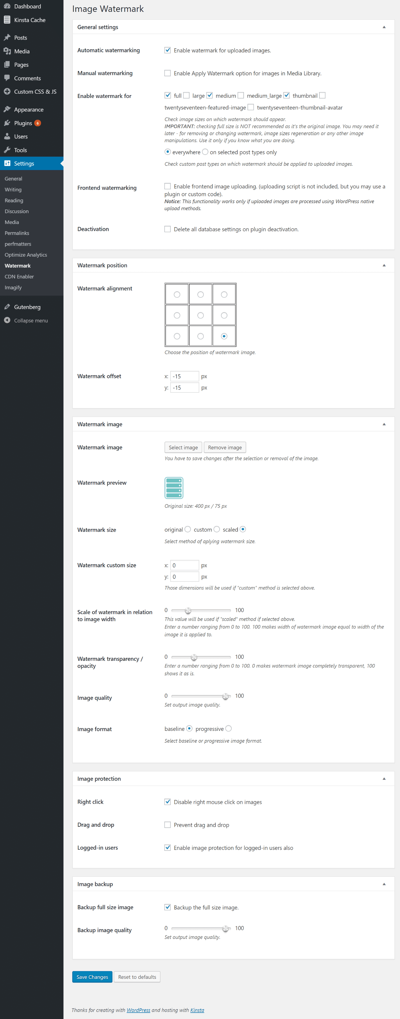 Configurações de marca d’água