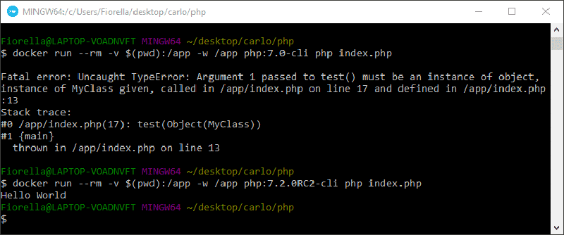 Testando as dicas de tipo no PHP 7.0 e PHP 7.2 usando Docker