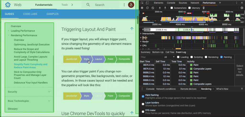 DevTools cromados permitem identificar as porções da página que estão sendo pintadas