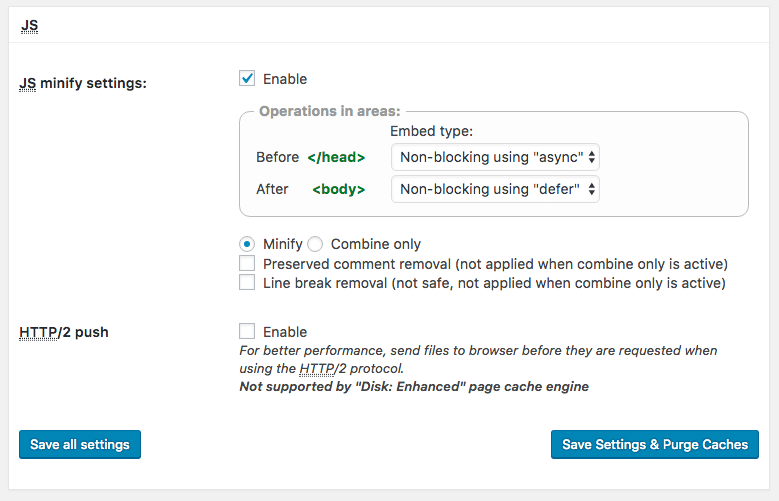 W3 Total Cache JavaScript minify settings