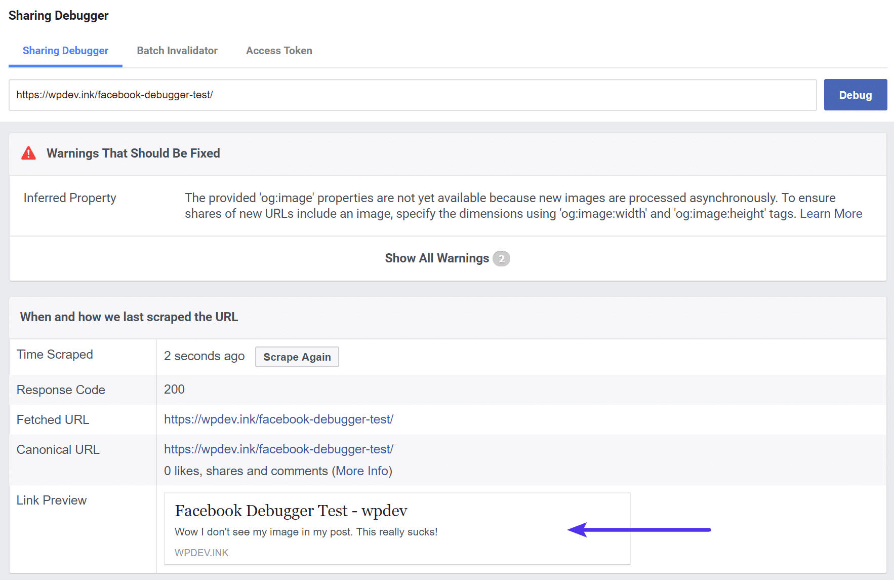 Facebook Debugger – imagem muito pequena