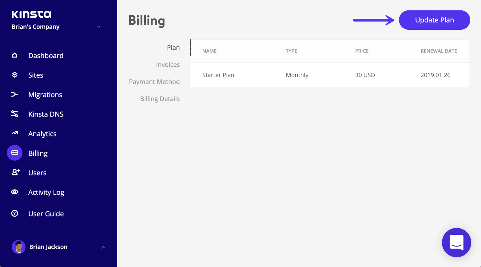 Cobrança do Kinsta – atualizar plano
