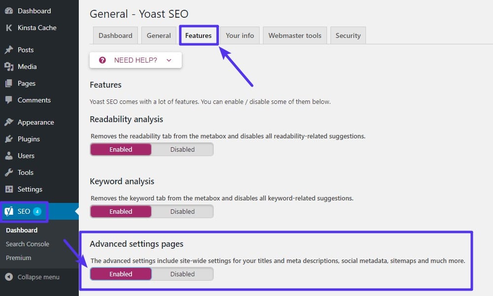 Como ativar as configurações avançadas do Yoast SEO