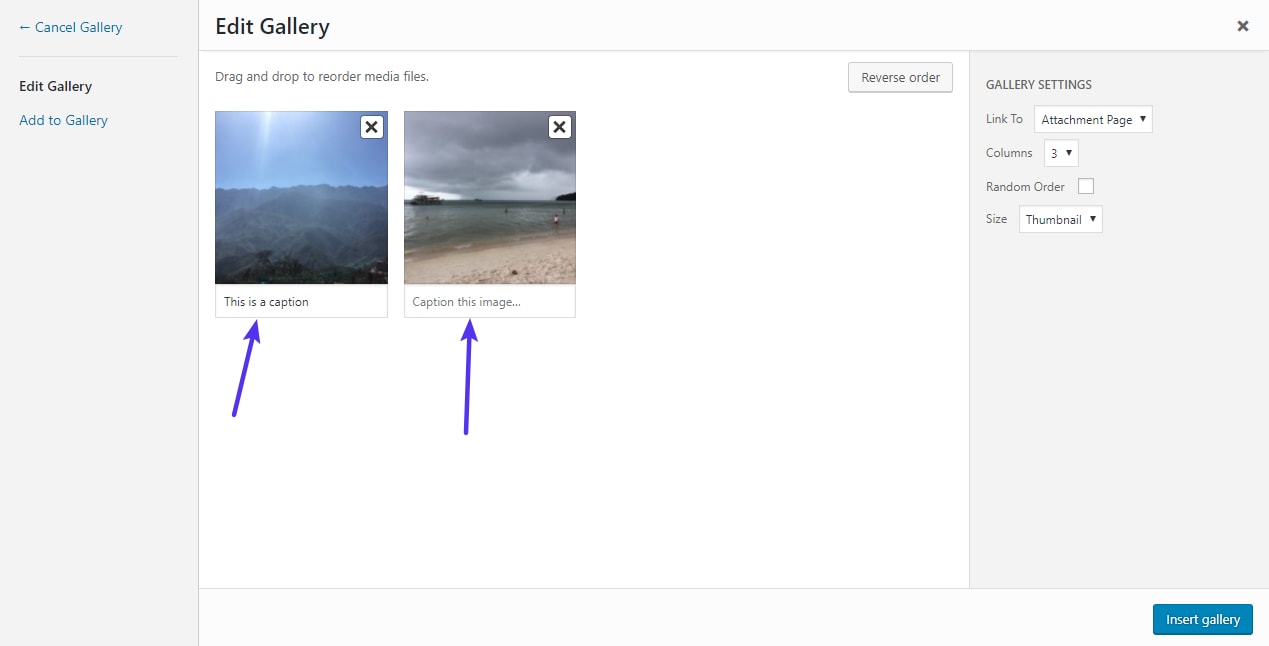 Editar as legendas para imagens em uma galeria WordPress