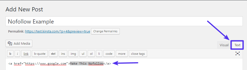 Abra o separador de texto para visualizar o HTML do link