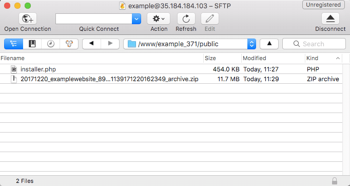 Upload do conjunto de arquivos e do arquivo de instalação para o servidor (via SFTP)