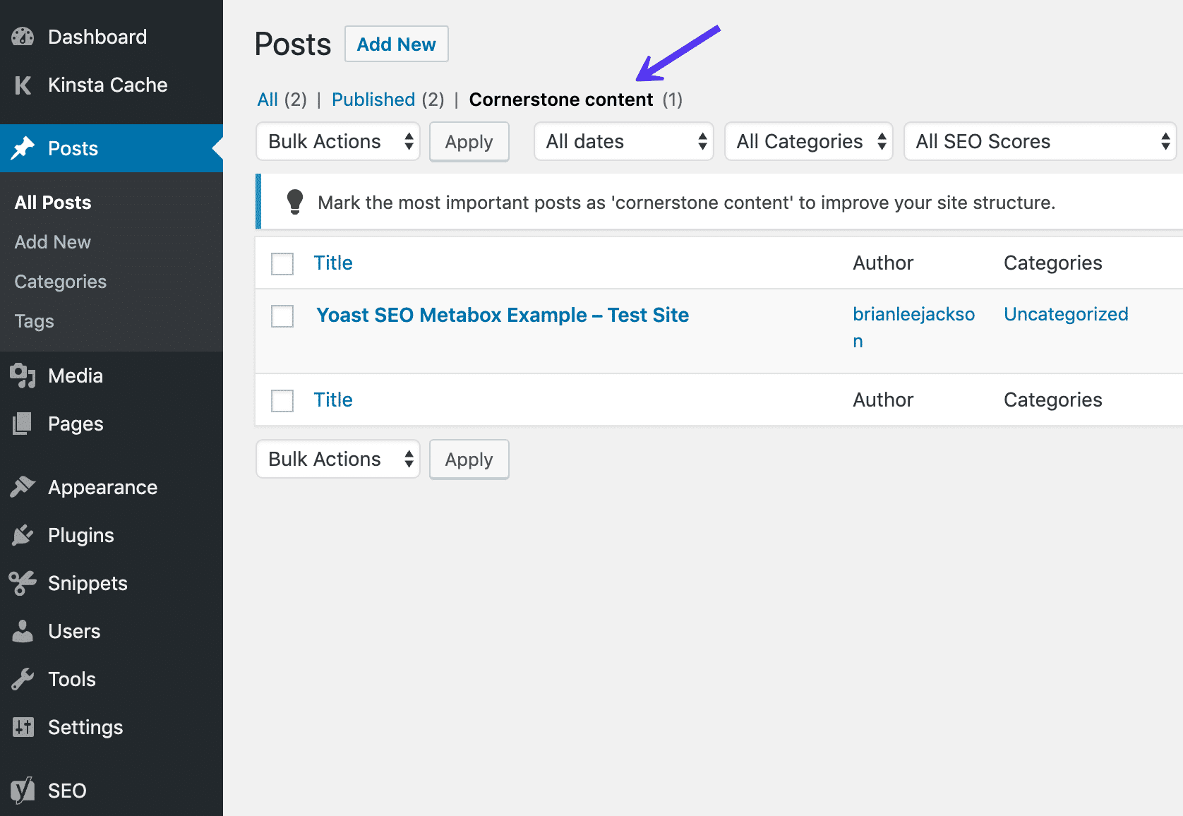 Conteúdo Cornerstone na lista de postagens