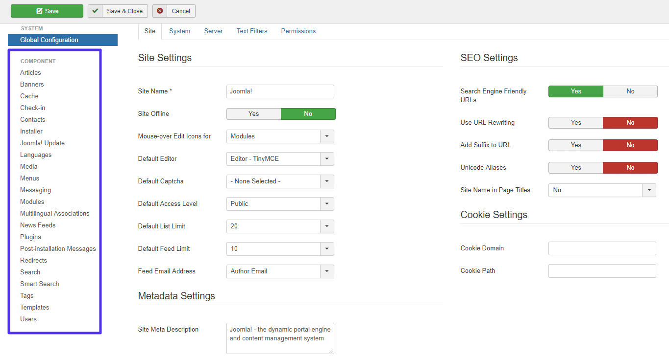 Um exemplo de quantas opções o painel de instrumentos Joomla tem