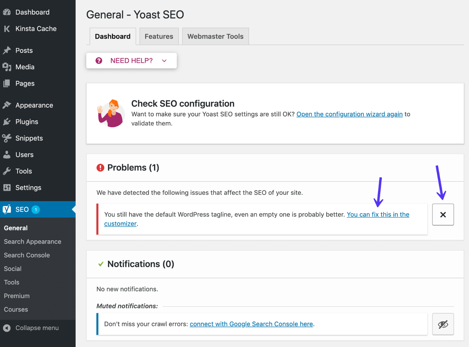 Notificações no painel do Yoast SEO
