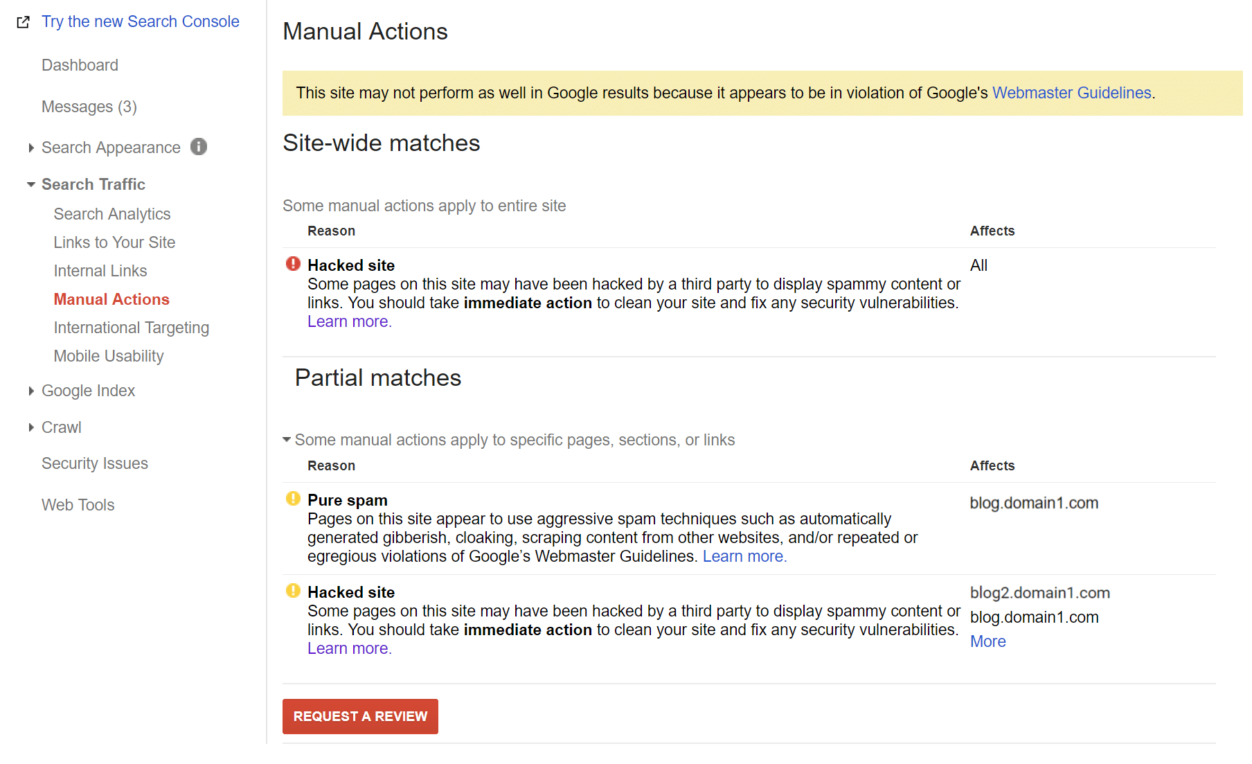 Google Search Console Ação do Manual