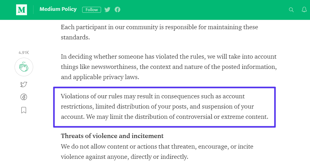 Um exemplo das regras de conteúdo da Medium