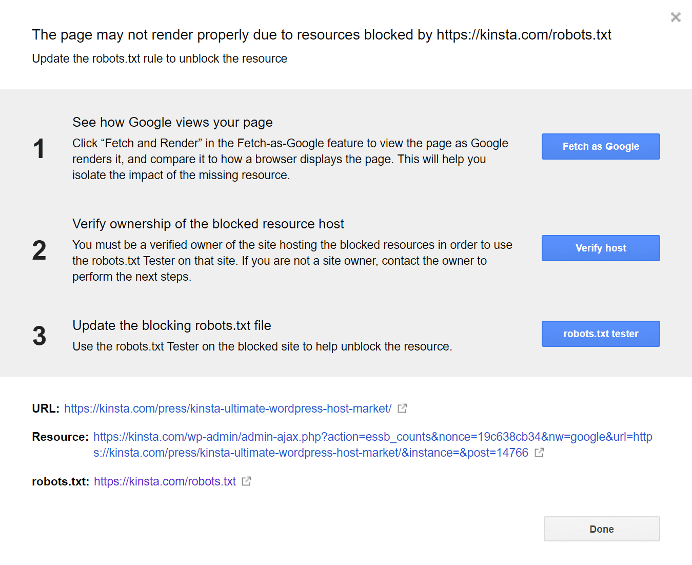 A página pode não renderizar corretamente os recursos devidos bloqueados pelo robots.txt