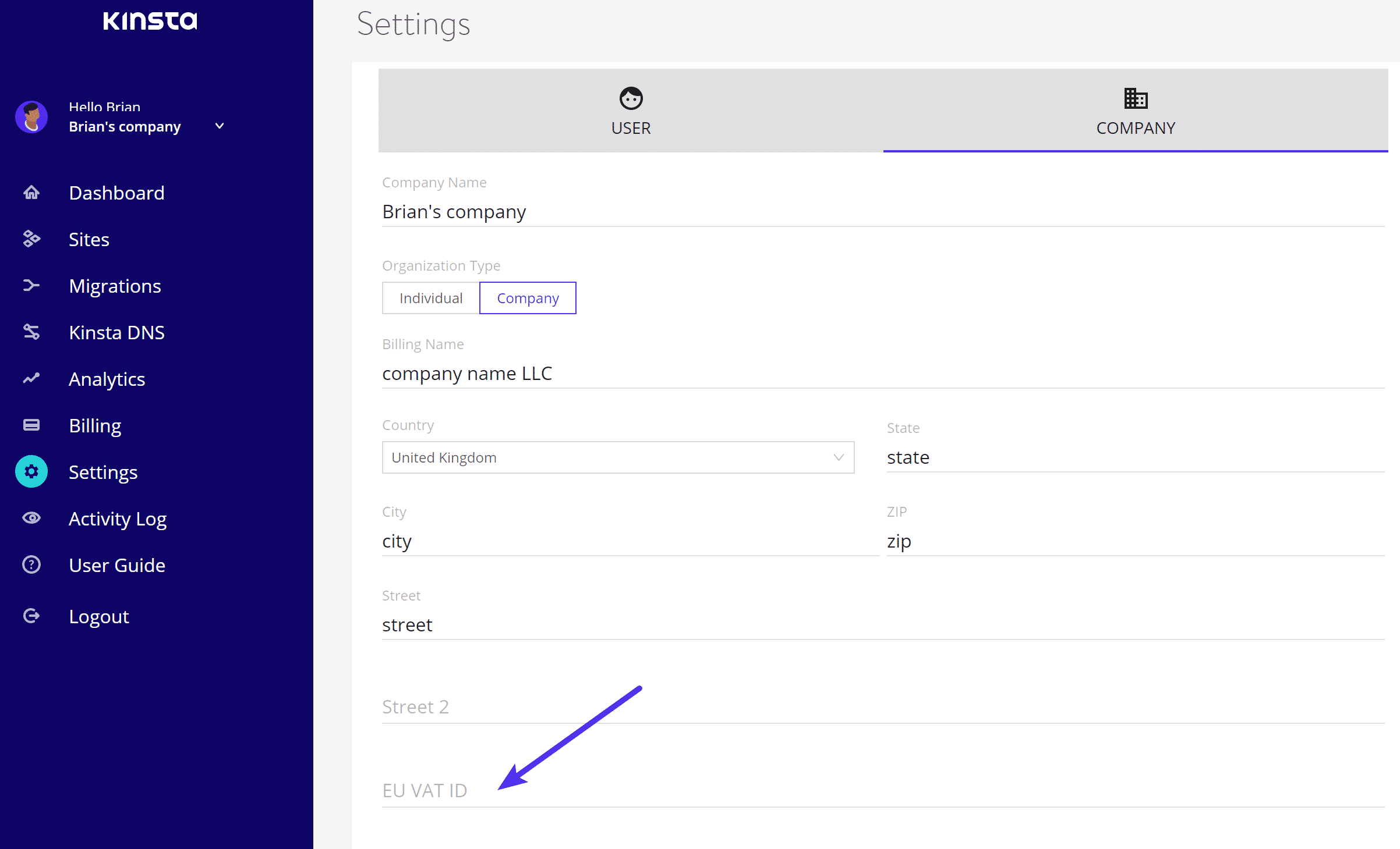 Como Adicionar O Numero Iva A Conta Kinsta Somente Para Empresas Da Uniao Europeia