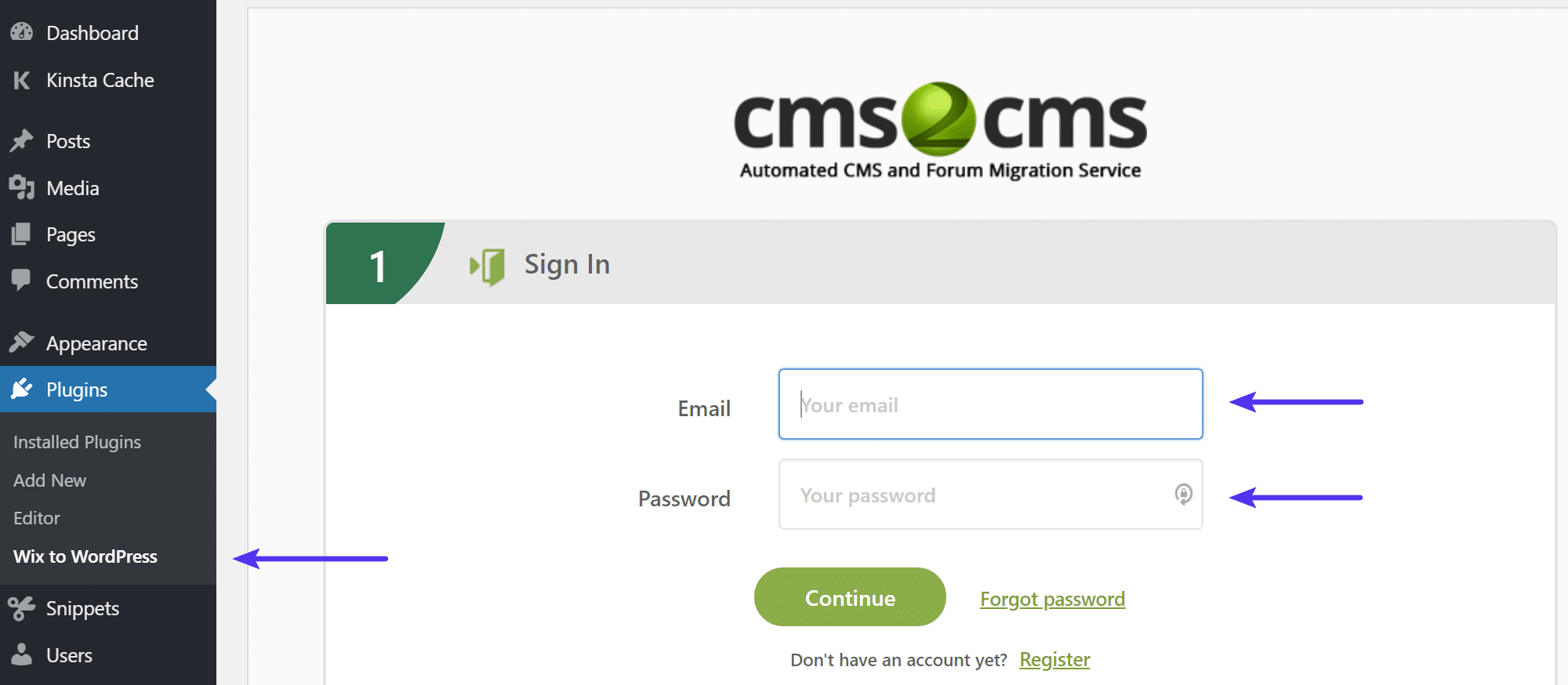 CMS2CMS inicie sessão