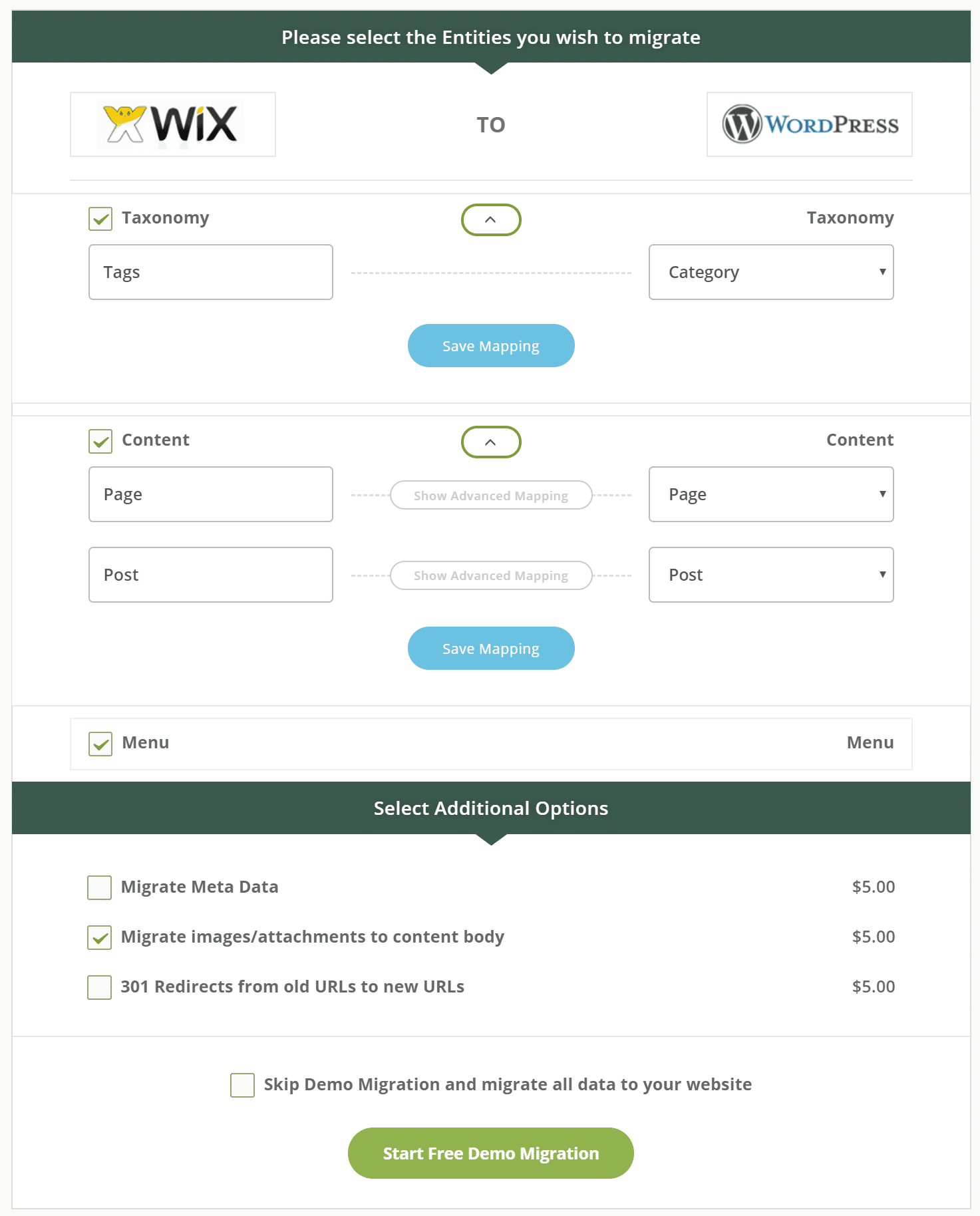 Entidades de migração Wix para WordPress