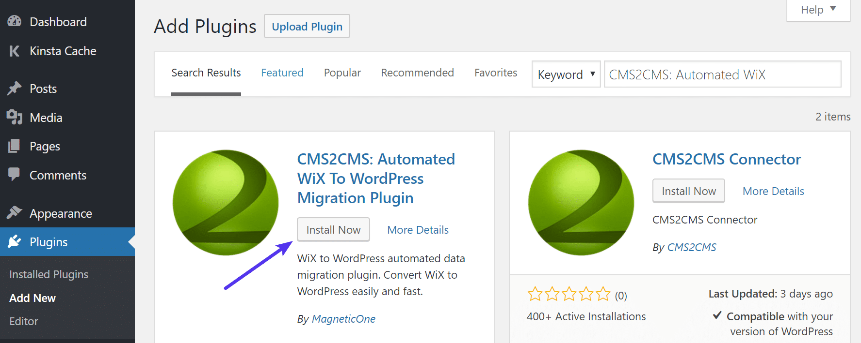 Instalar o CMS2CMS Wix automatizado para WordPress
