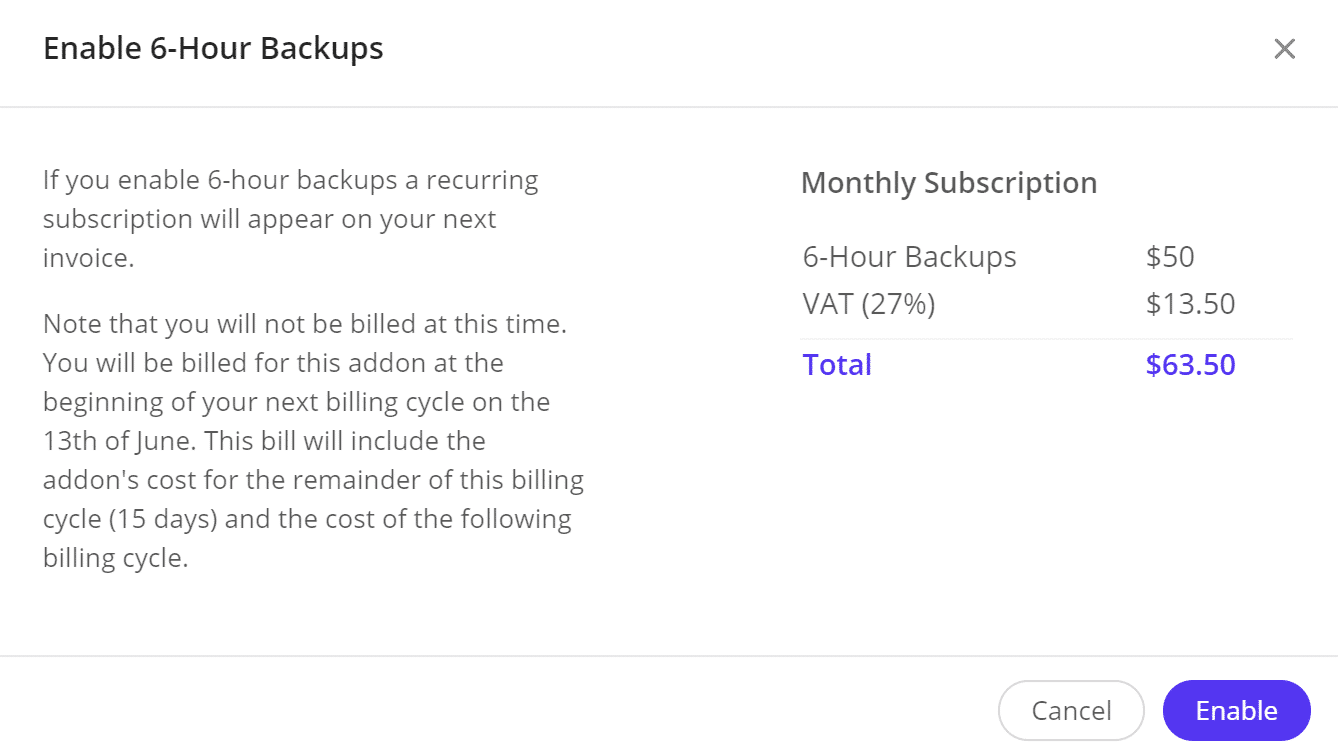 Ativar exemplo de backups de 6 horas