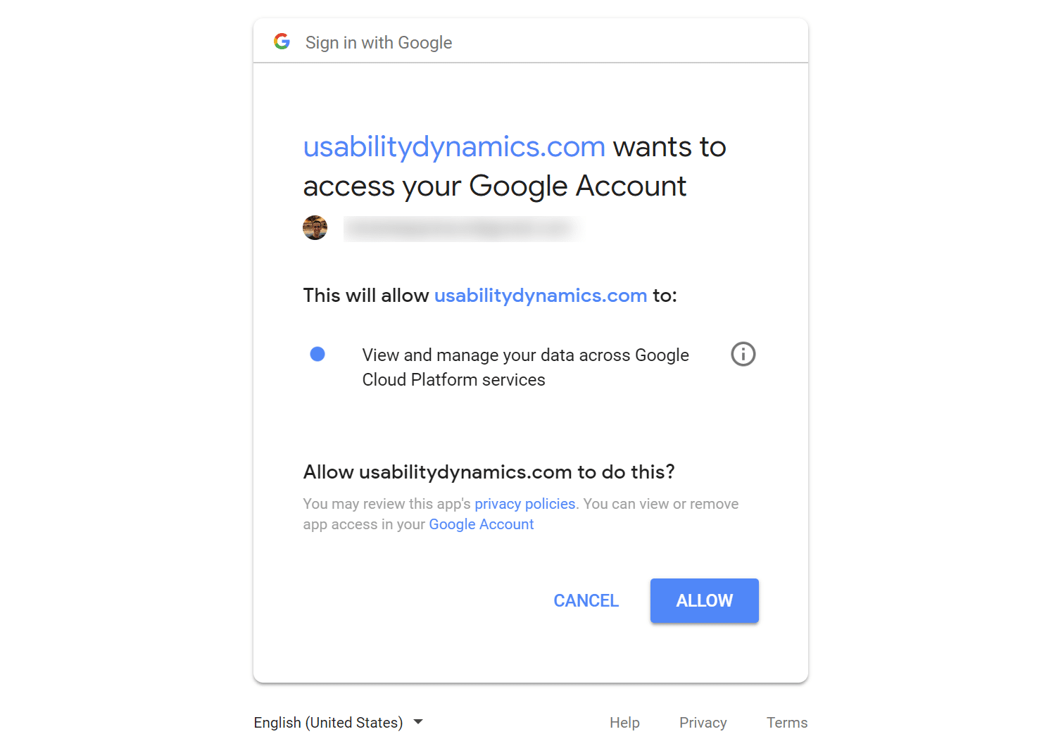 Solicitação de permissões para a conta Google 