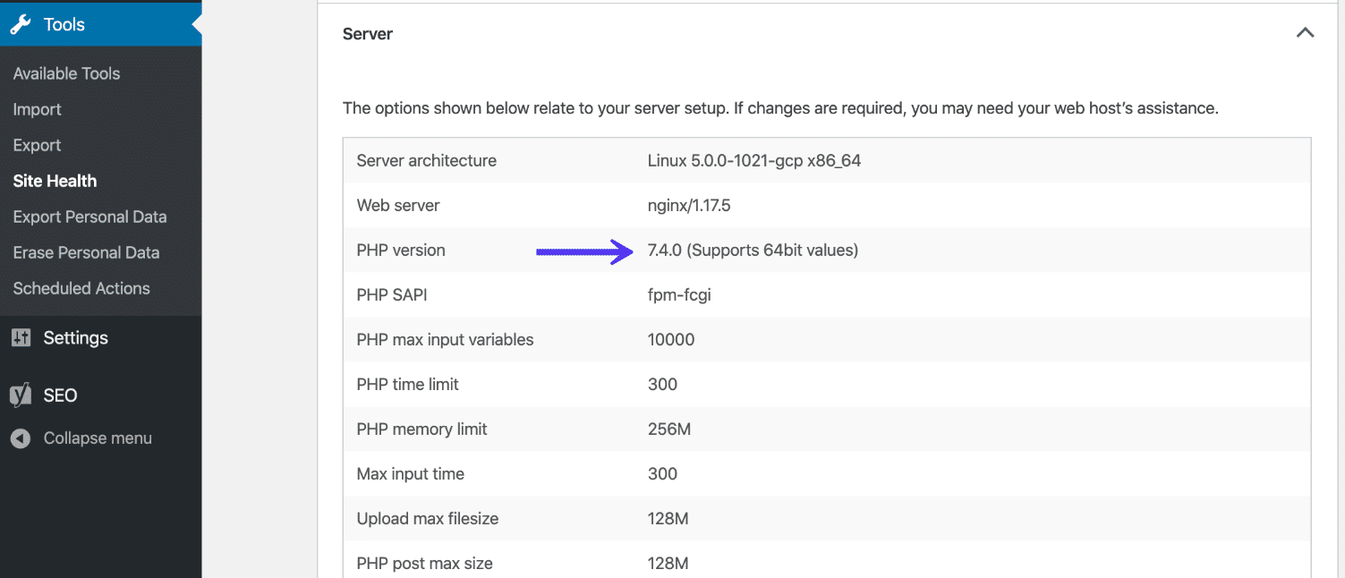 WordPress site health tool versão do PHP