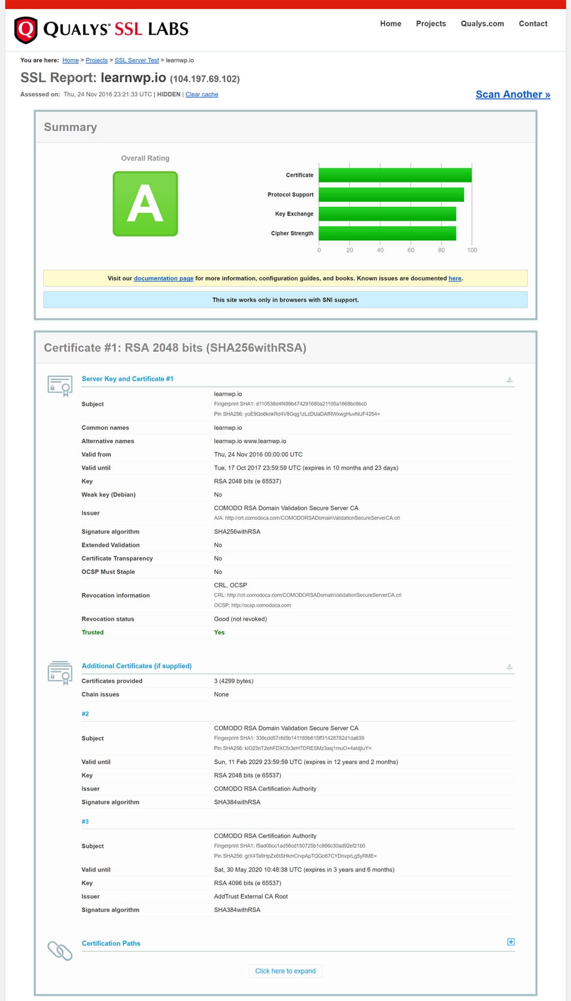 Verifique a classificação do certificado SSL