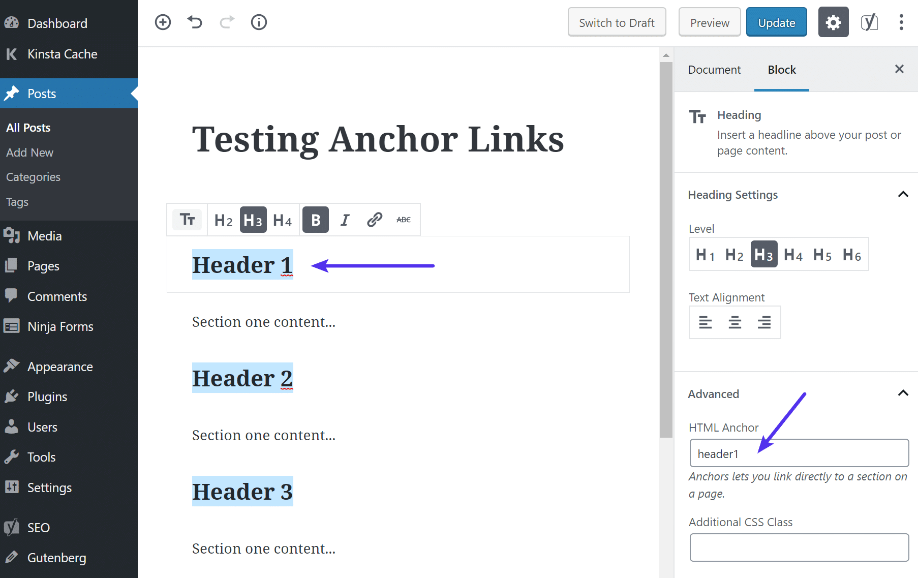 Adicionar âncora HTML no editor do Gutenberg
