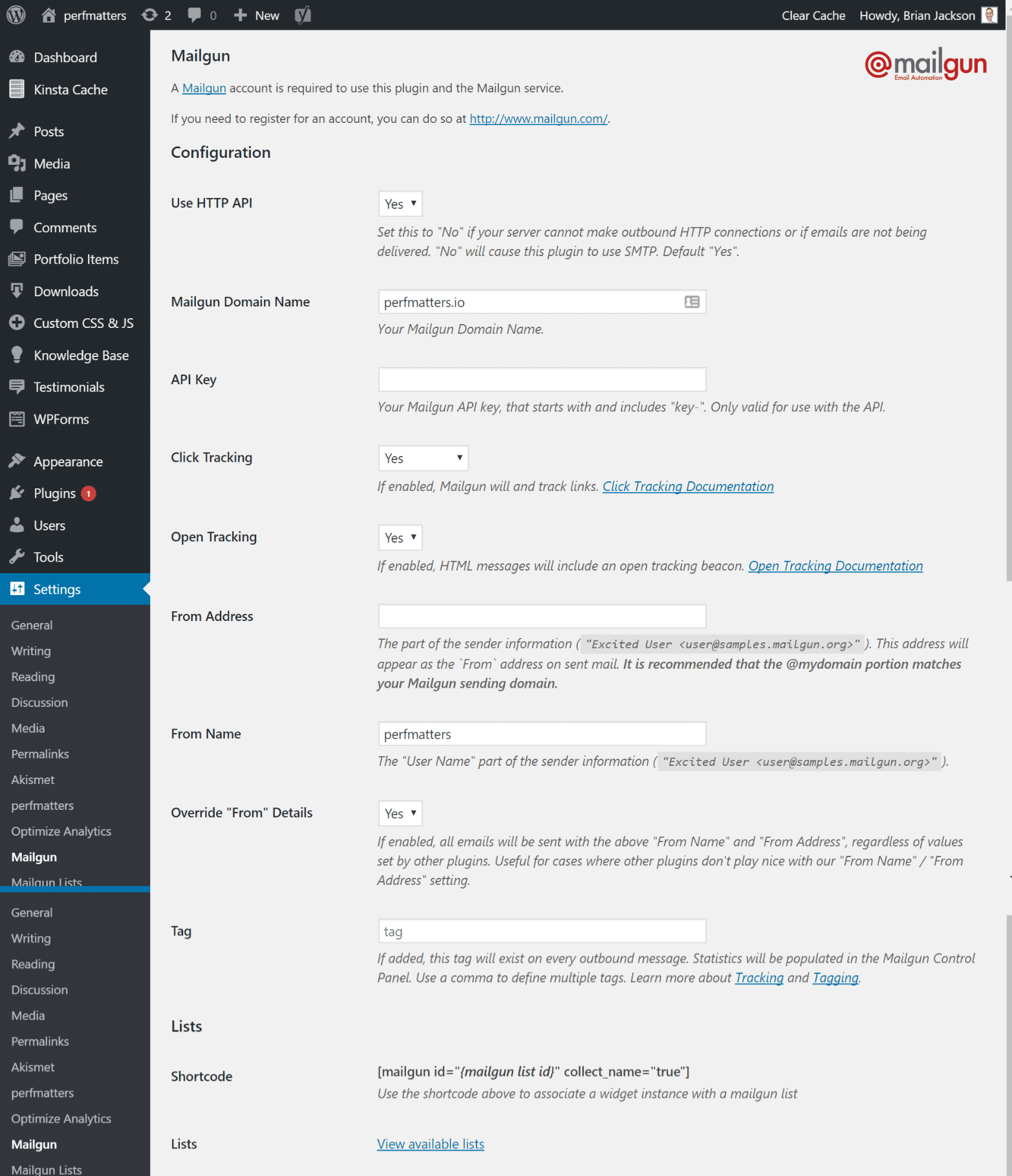 Configurações do plugin Mailgun