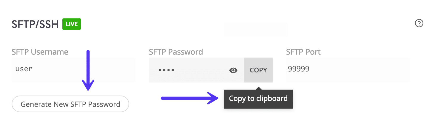 Cópia para área de transferência e nova senha SFTP