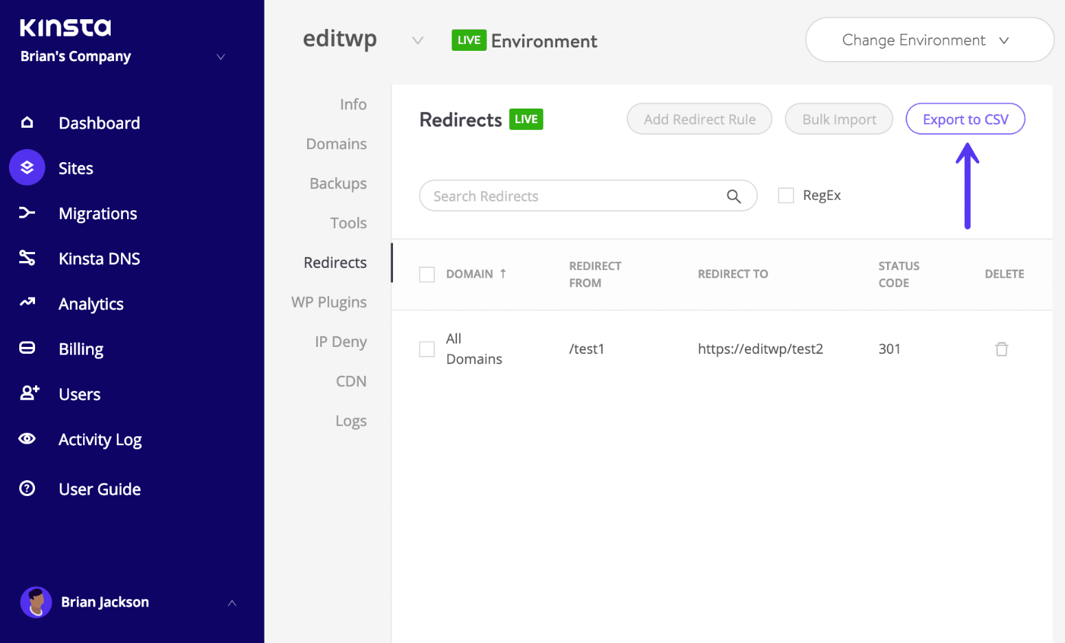 Exportar redirecionamentos para CSV