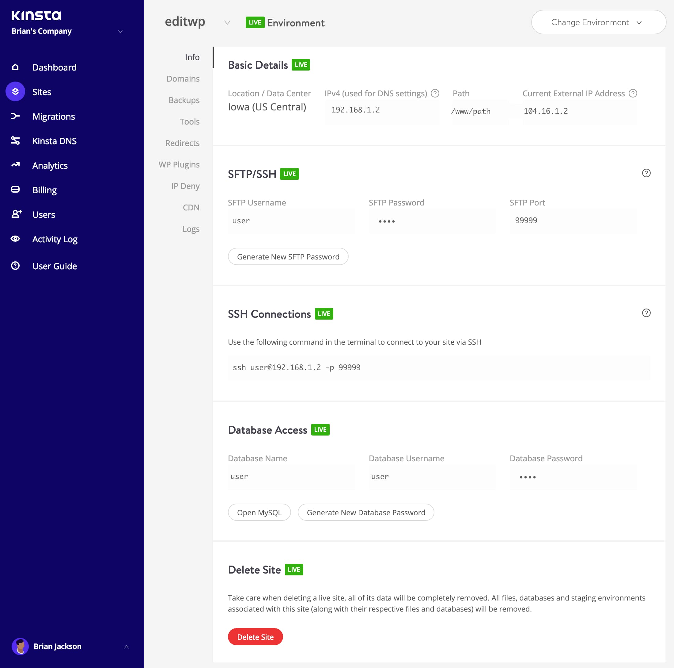 Informações de site WordPress no MyKinsta