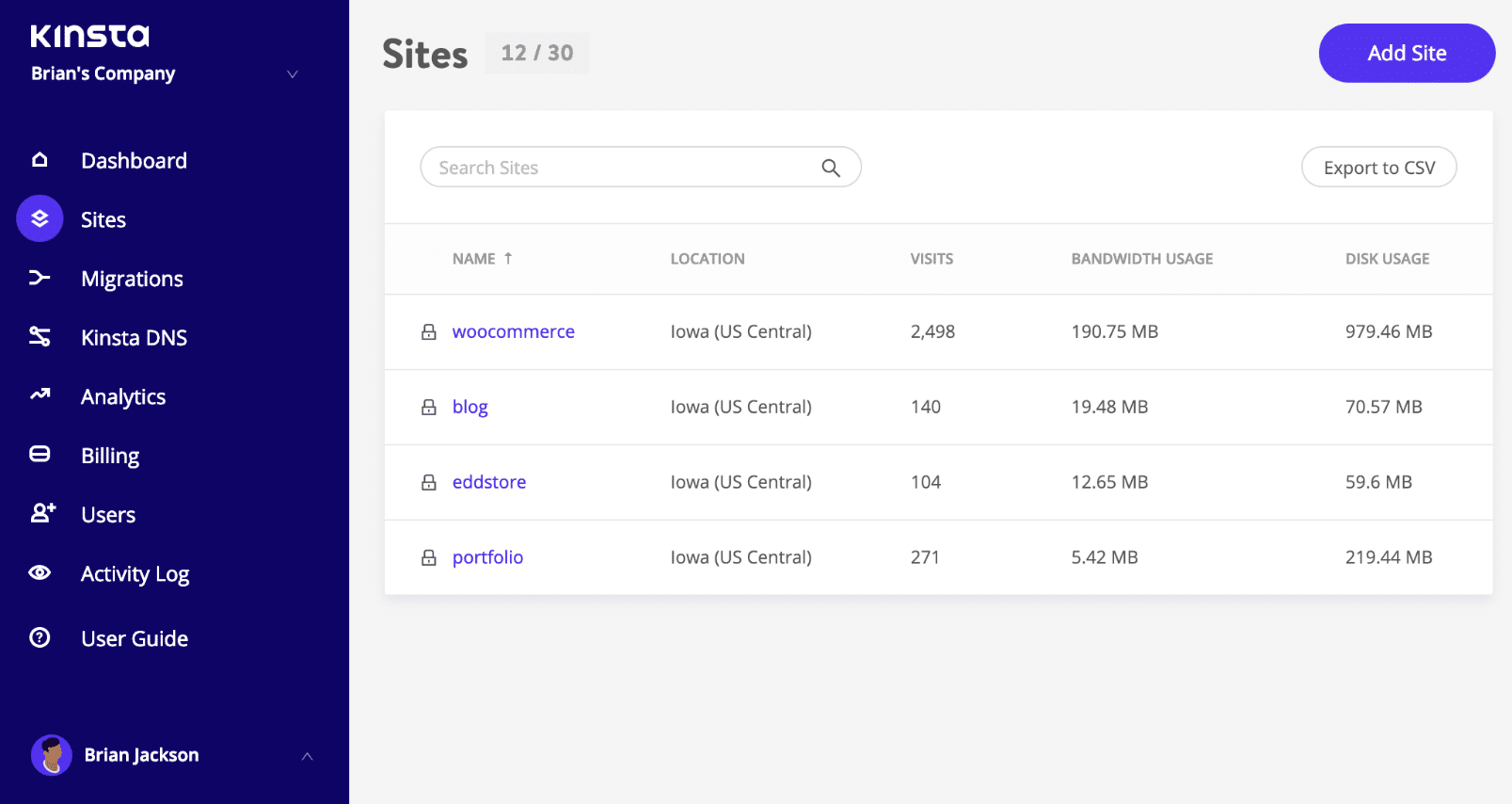 MyKinsta – Navegação de sites WordPress