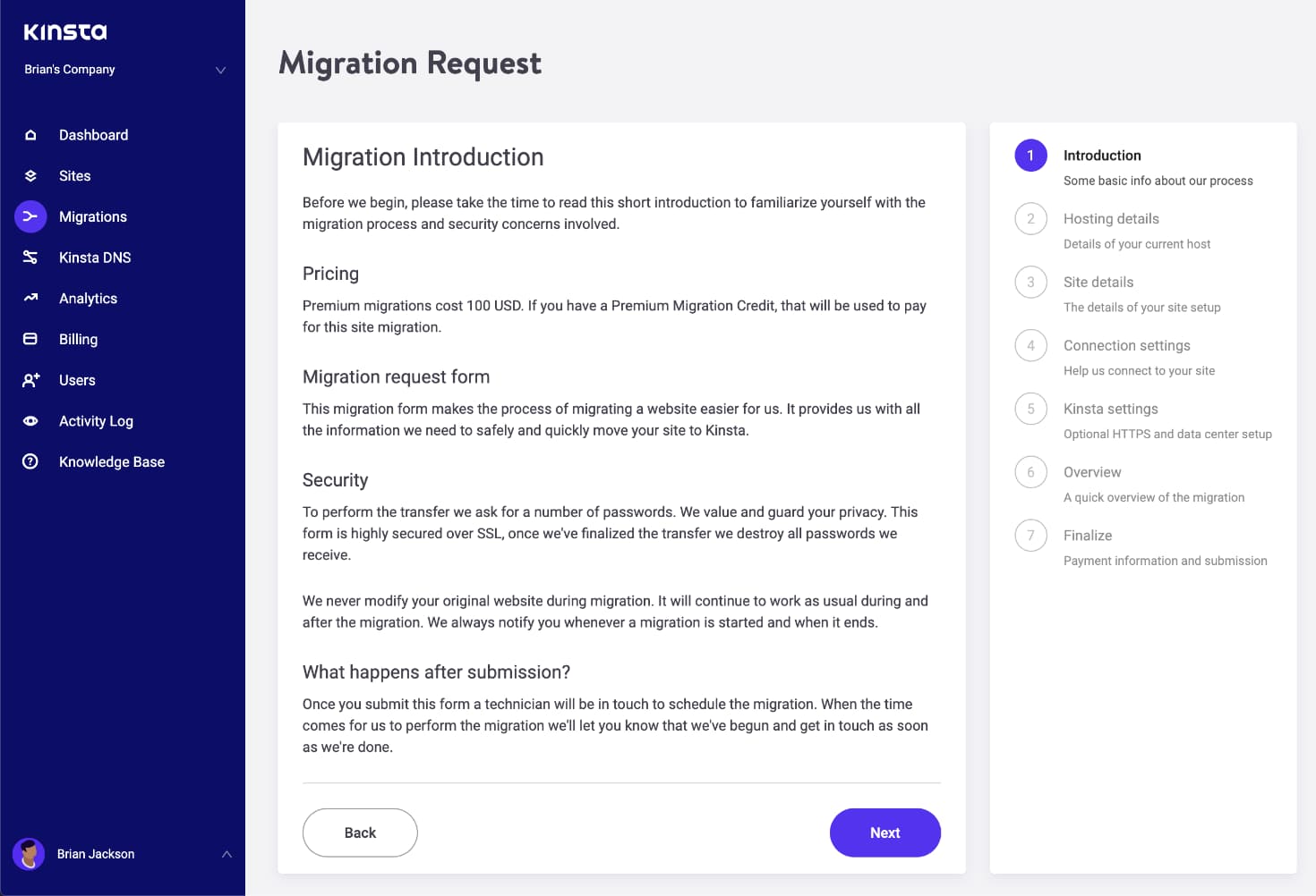 Formulário de solicitação de migração WordPress