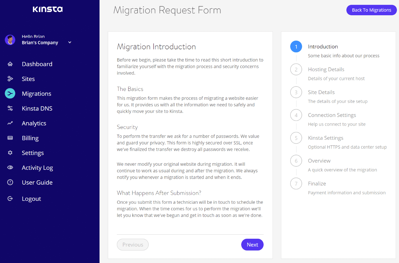 Formulário de solicitação de migração do WordPress