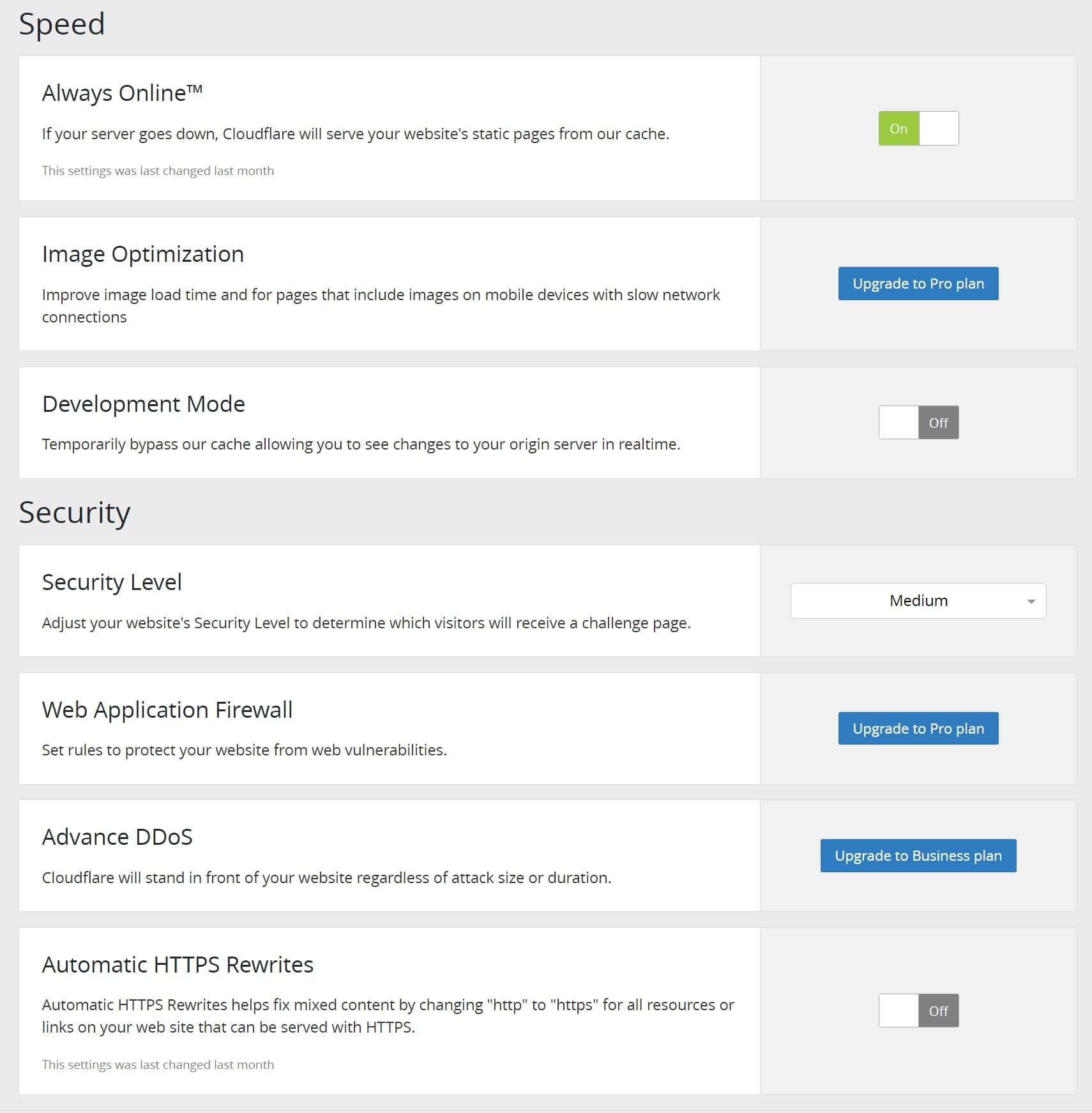 Configurações de velocidade e segurança do plugin Cloudflare