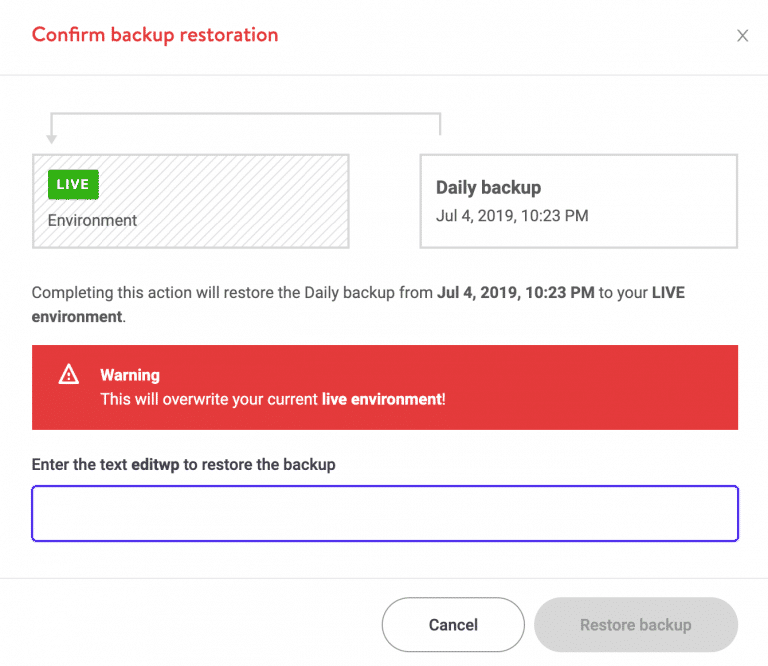 Confirmação da restauração do WordPress