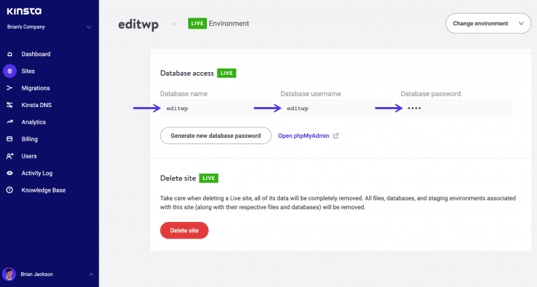 Credenciais de login do banco de dados Kinsta