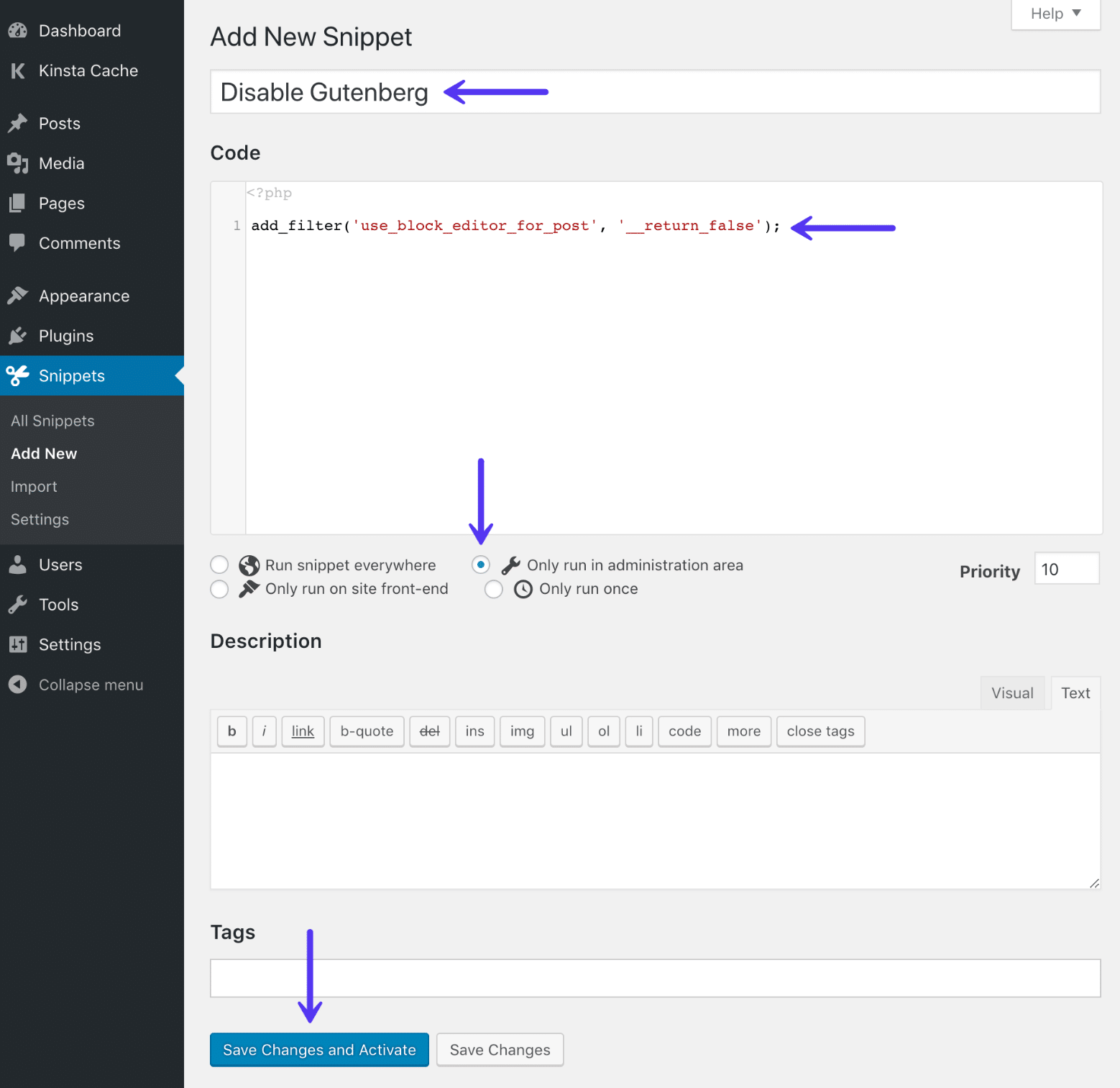 Adicionar e desativar o snippet de código do Gutenberg