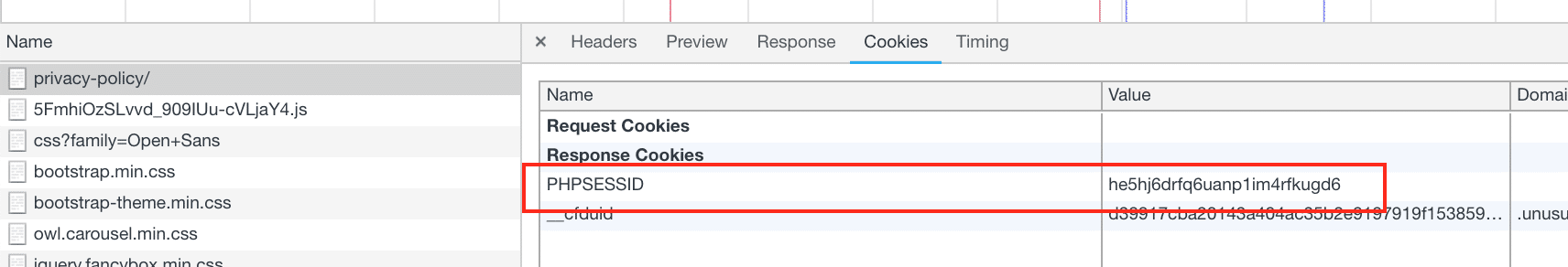 Cookie PHPSESSID HTTP