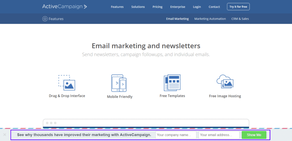 ActiveCampaign lista de email de barra flutuante