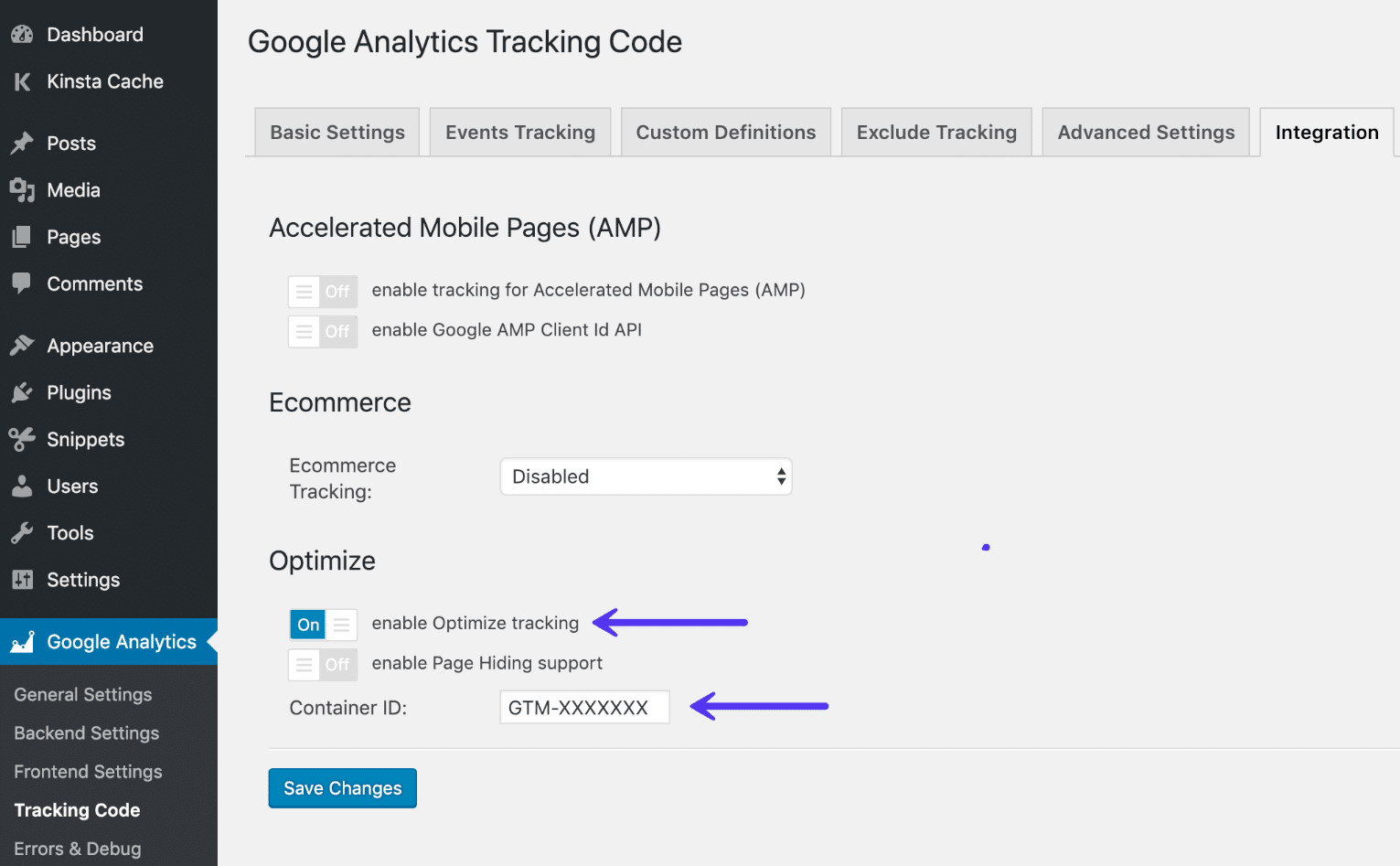 Habilitar o Google Optimize no plugin do Analytics