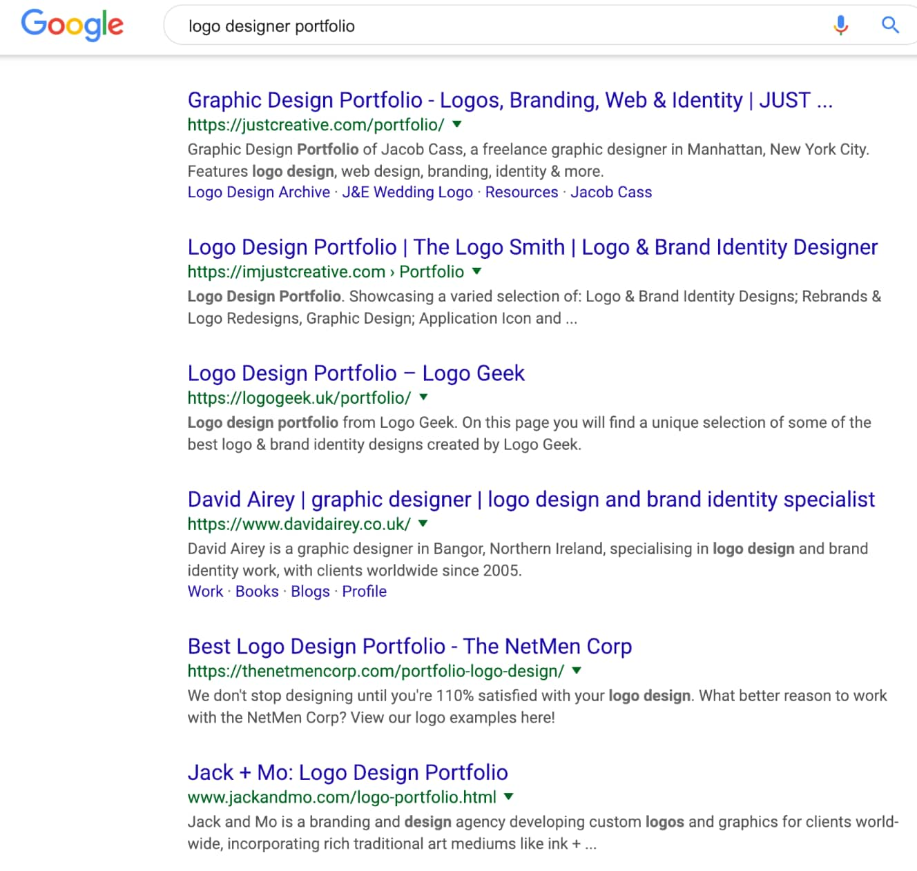 1ª página de resultados do Google para “portfólio de designer de logo”