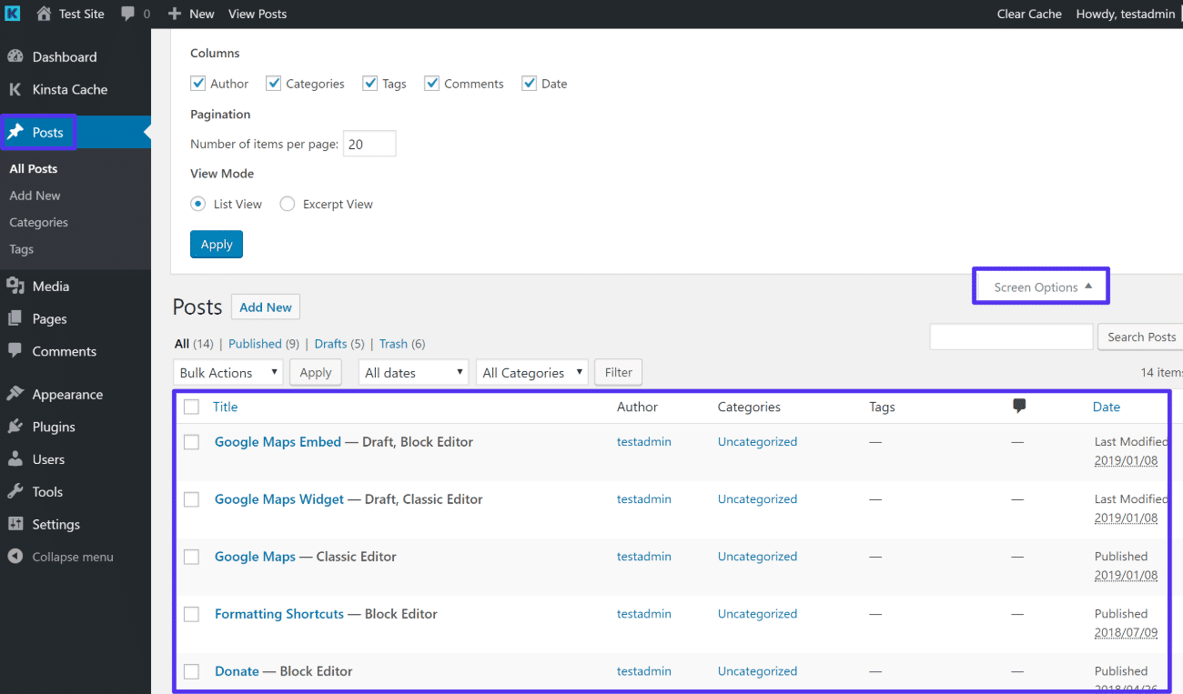 Configurações das Opções de Tela