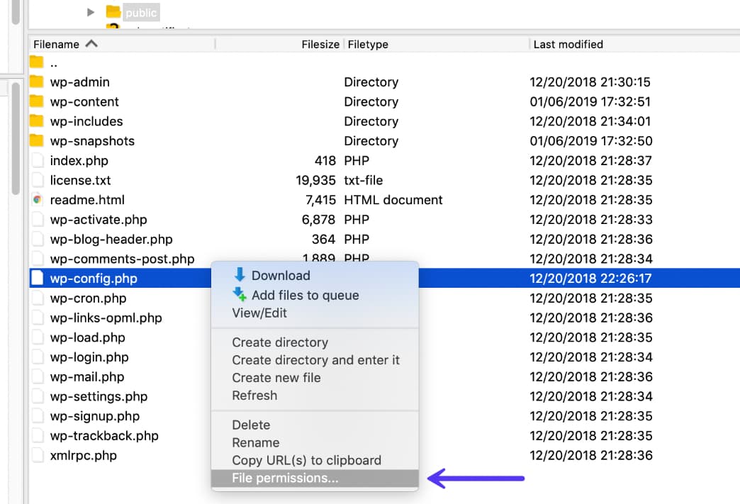 Visualização de permissões de arquivos no FileZilla