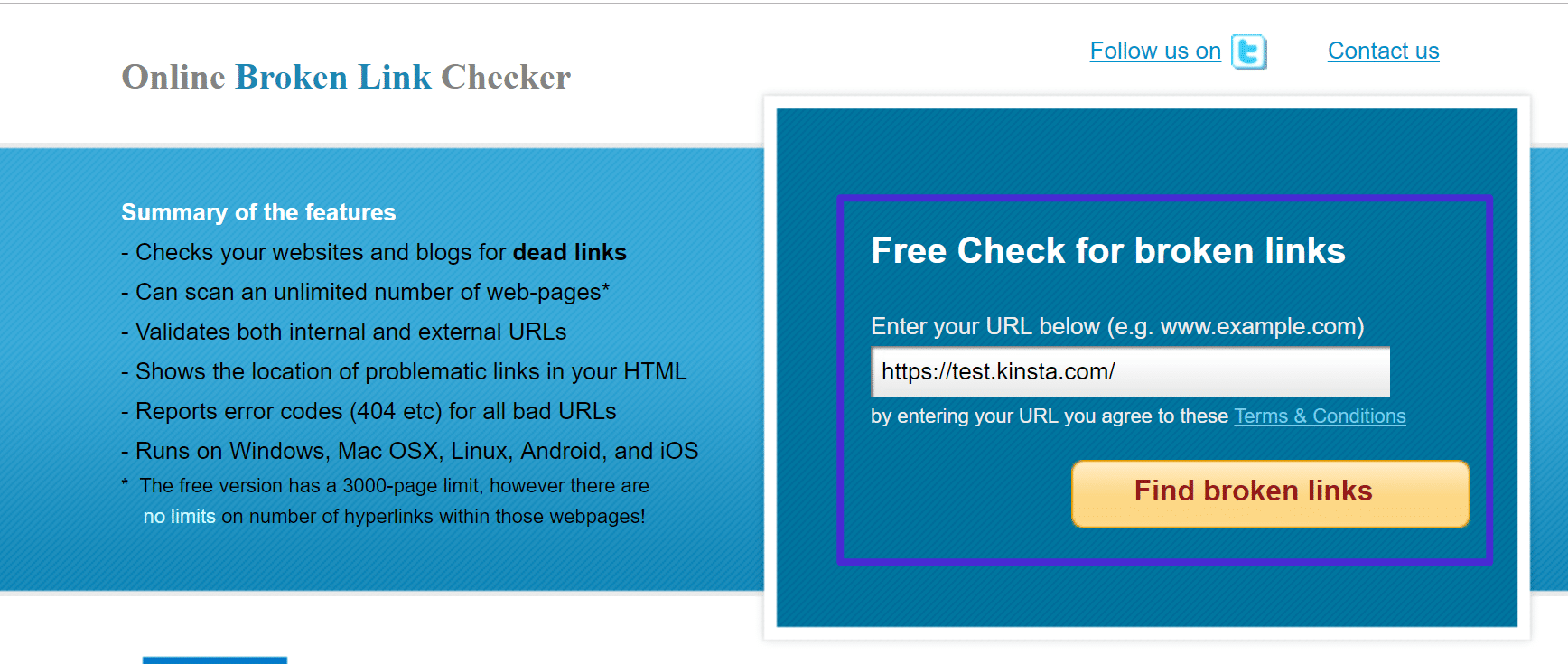 Adicione a URL do seu site no BrokenLinkCheck.com