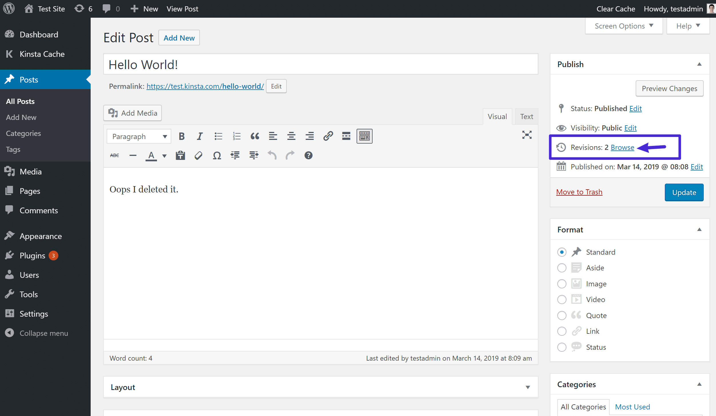 Como acessar as revisões no editor Clássico