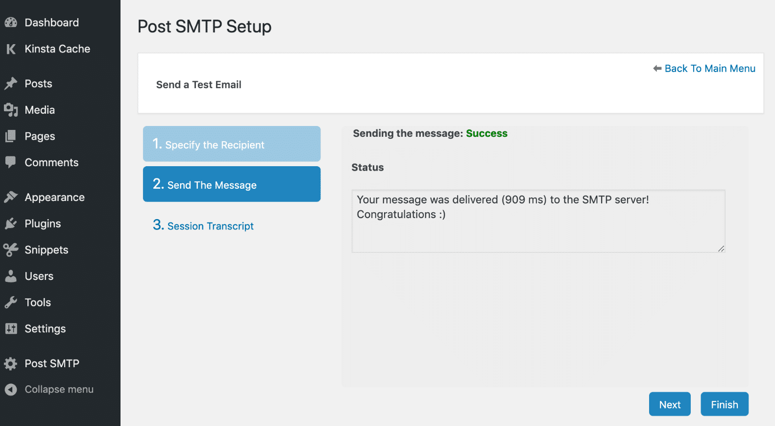 Sucesso com o e-mail de teste no Post SMTP