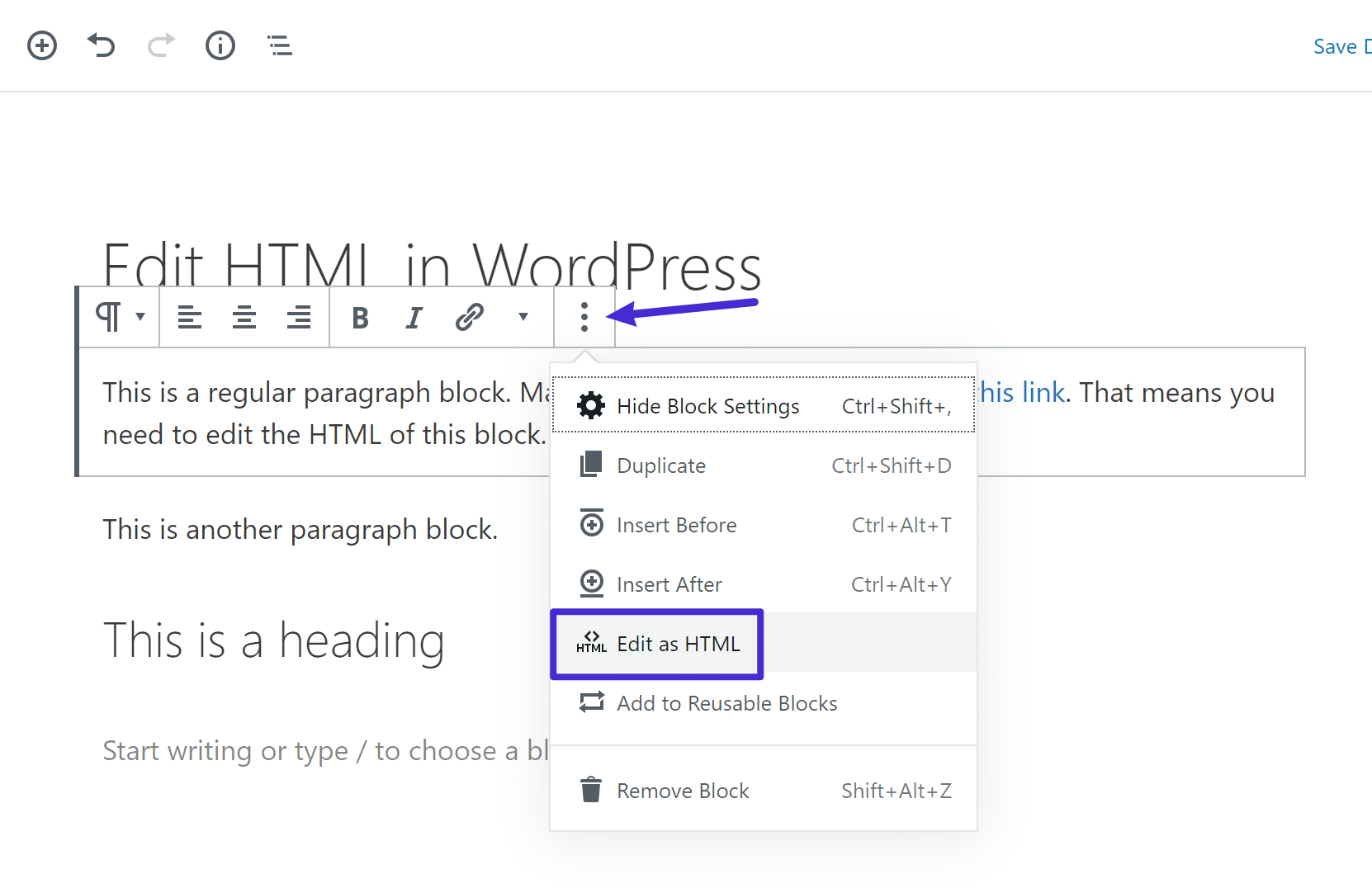 Como editar um único bloco como HTML 