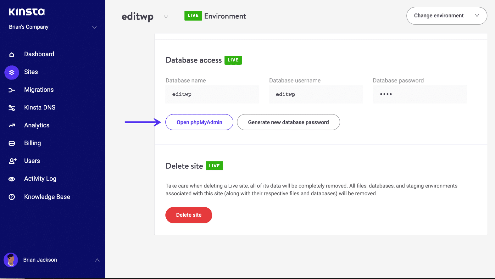 Link para o phpMyAdmin no painel MyKinsta