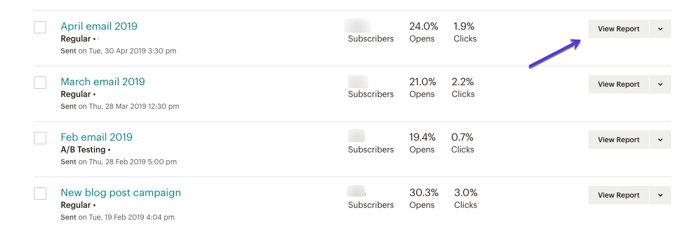 Relatórios de campanhas de e-mail no Mailchimp