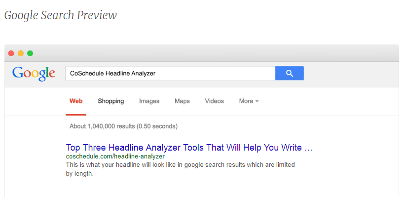 Prévia de pesquisa do Google no CoSchedule Headline Analyzer